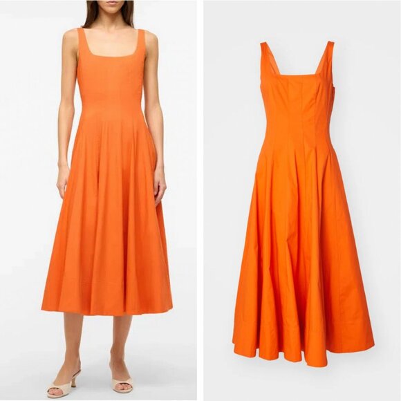 NWT STAUD Wells Midi Dress Tangerine Orange French Cotton Casual Sz6 Classic - Picture 4 of 7